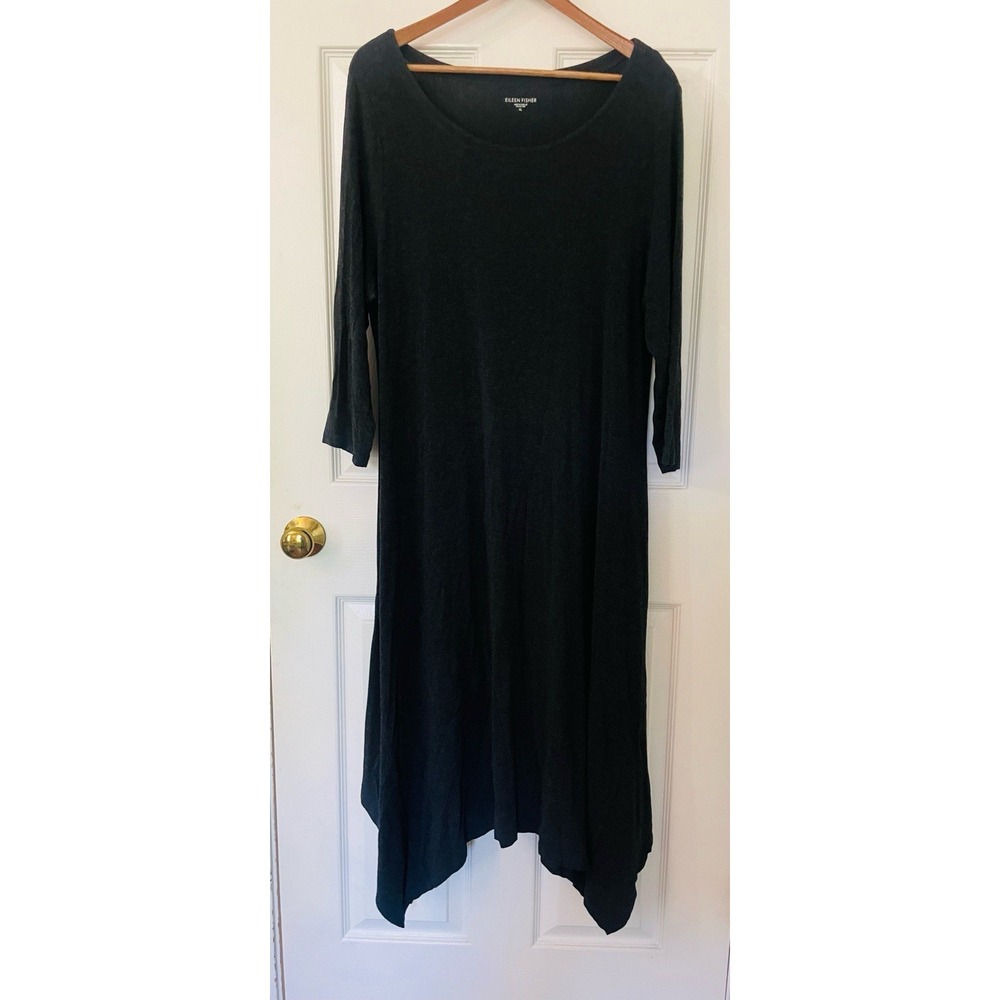 Eileen Fisher Jersey Knit 3/4 Sleeve Handkerchief Hem Italian Yarn Dress.‎ XL.